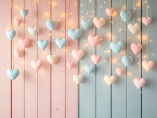 Pastel Hearts and Fairy Lights on Wooden Background