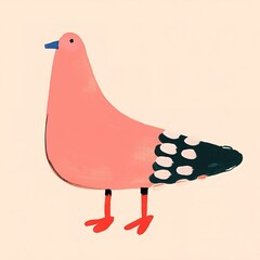 A colorful, cartoon-style pigeon stands against a light background, featuring a pink body, a black and white tail, and vibrant orange legs.