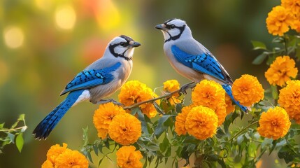 Two Blue Jays Perched on a Branch of Marigolds