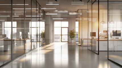 Sunlit Modern Office Corridor with Glass Partitions.