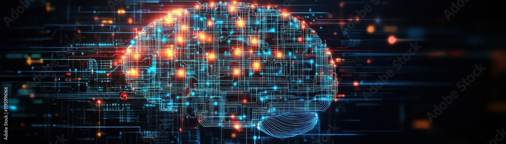 Poster Circuit design in the shape of a brain, glowing nodes, dark background, AI and tech theme