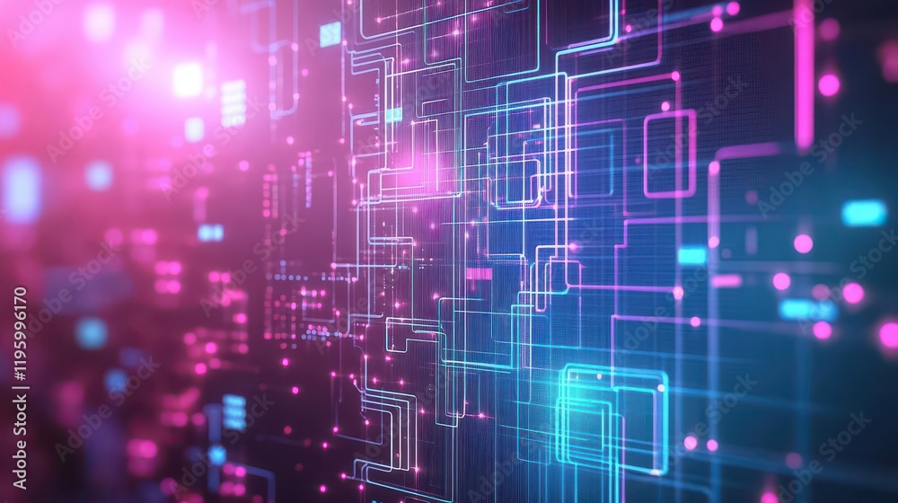 Poster circuitinspired geometric shapes, dynamic lighting effects, vibrant futuristic color scheme