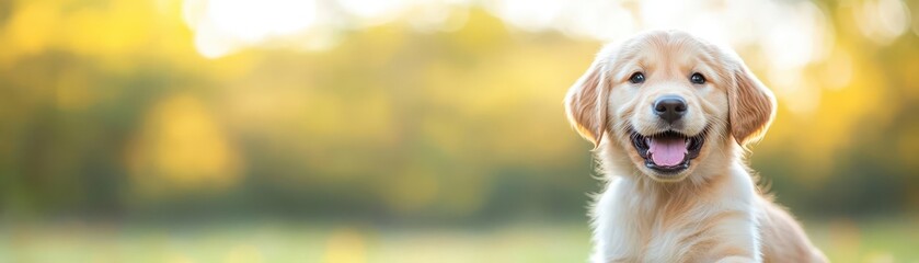Obraz premium Closeup of golden retriever puppy playing in a sunny park, joyful expression