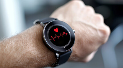 Fototapeta premium Modern Smartwatch Displaying Heart Rate and Health Data on a User's Wrist in a Bright Environment