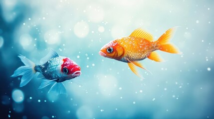 Fish swimming through a snowy sky, their scales glistening like stars, dreamy and surreal, room for text