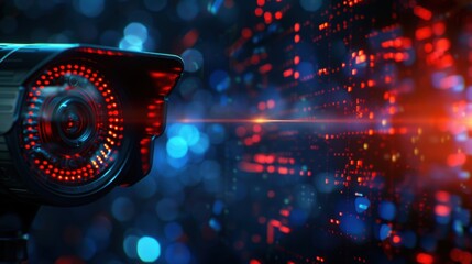 A futuristic camera emits a vibrant beam of light, surrounded by a digital backdrop of red and blue data patterns.