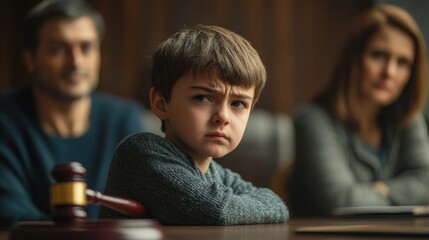 Fototapeta premium Sad boy sitting at a table in the background of his parents.