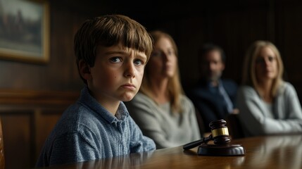 Obraz premium Sad boy sitting at a table in the background of his parents.