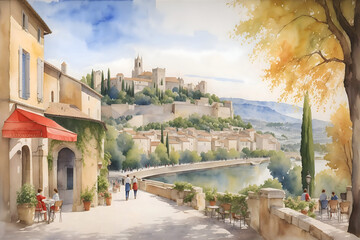 Fototapeta premium Avignon French Landscape Painting Illustration Art 