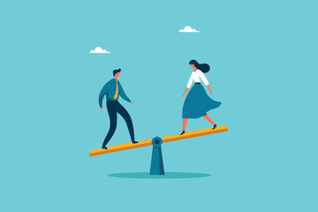 Equilibrium in Business, A Businessman and Businesswoman Balancing Together on an Equal Seesaw