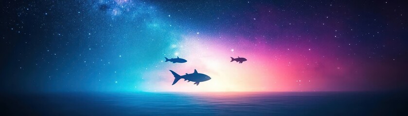 Fototapeta premium Silhouettes of fish swimming through a starry night sky, cosmic and mysterious, room for text above