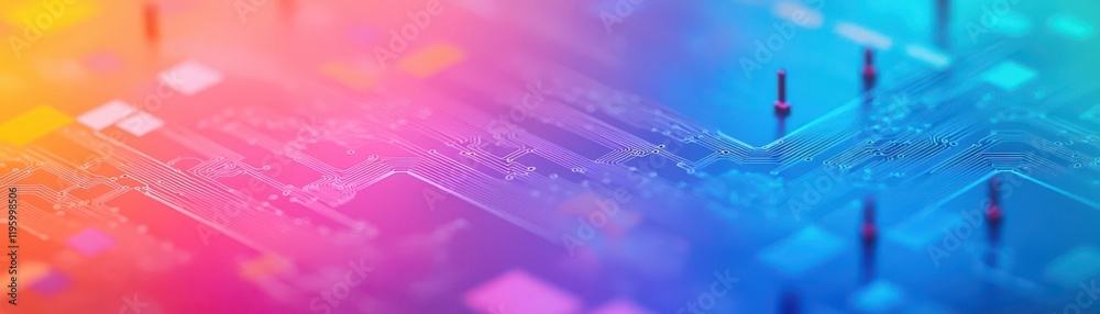 Poster Stylized circuit traces forming abstract patterns, artistic concept, vibrant gradient colors