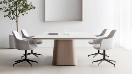 Minimalist office meeting room with modern white chairs and table