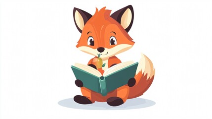 Adorable fox reading book with apple in back-to-school setting