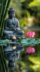 Serene buddha statue with lotus and candle reflection in tranquil garden setting
