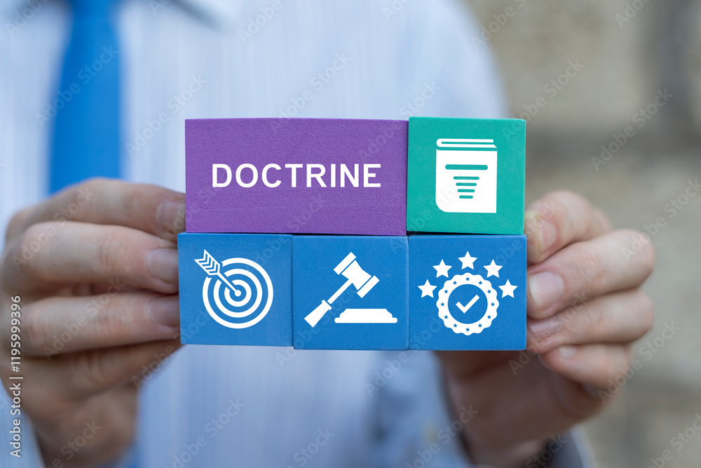 Fototapete person holding blocks sees word: doctrine. doctrine business concept. doctrine - body of teachings o
