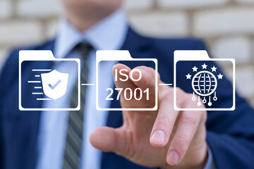 Person using virtual touch screen push button: ISO 27001. ISO 27001 concept. ISO 27001 certified...