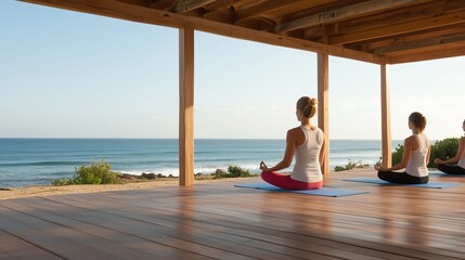Fototapeta premium Two young caucasian females practicing yoga outdoors with ocean view