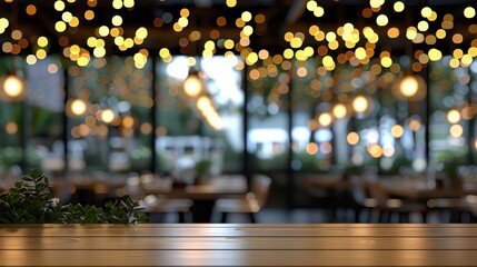 Fototapeta premium Wooden Table in a Blurred Cozy Restaurant Setting.