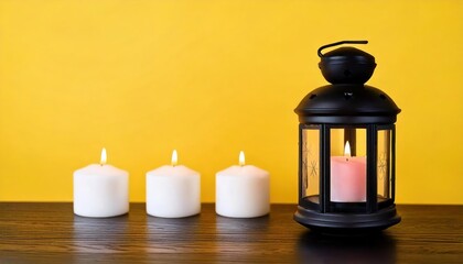  An antique lantern with burning candles on the table. 