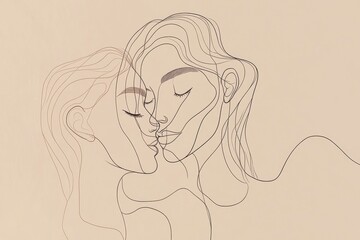 Two Women Sharing a Tender Kiss in Line Art