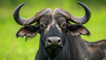 Naklejka premium Close-up Portrait of a Buffalo with Large Horns