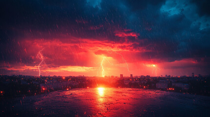 Obraz premium Lightning strikes over a city at night with chaotic skies, illuminating buildings and casting dramatic shadows, while a blurred blank space on the side offers room for captions