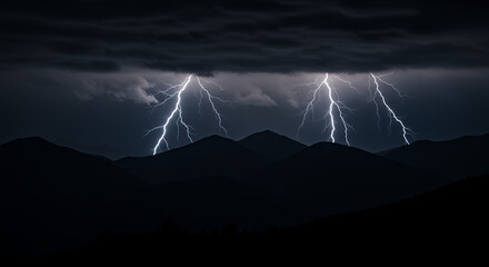 Dramatic Lightning Storm Over Silhouetted Mountains at Night