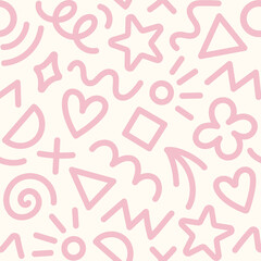 Memphis geometric seamless pattern. Cool abstract background in retro 80s, 90s style with basic shapes: star, arrow, triangle, circle, heart, flower, zigzag, spiral, wavy lines. Cute kid doodle design