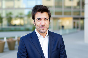 Businessman smiling outside office building in city