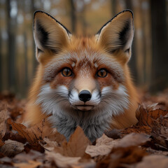 Fototapeta premium a close-up of a fox lying down on a bed of fallen leaves, its curious eyes looking directly at the viewer, with soft natural light highlighting the textures of its fur and the autumn forest background