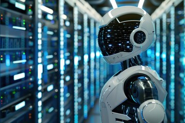 Ai robot stands among data center racks with glowing led lights