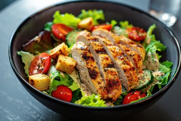 Colorful bowl of chicken salad with tomatoes, greens, and seasoned croutons