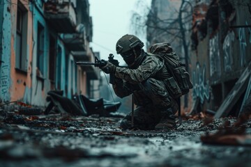 Armed soldier with equipment crouching among the decaying remnants of an urban setting