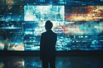 Businessman in rear view studying digital data displays with cityscape overlay