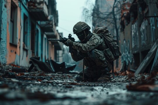 Armed soldier with equipment crouching among the decaying remnants of an urban setting