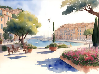 Cannes French Landscape Painting Illustration Art	
