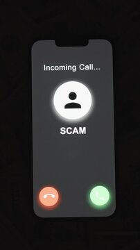 Vertical video. Smartphone Displaying an Incoming Call Labeled "SCAM" Set Against a Background of Red and Blue Lighting Resembling a Police Car's Siren, Positioned Over US Hundred-Dollar Bills, Repres