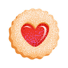 Cookie with heart shaped jam. Sweet love symbol. Linzer cookie with sugar powder for Happy Valentine's Day, Christmas, New Year cards, stickers, wrapping paper, and banners. Vector illustration.
