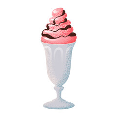 Milkshake with whipped cream and chocolate. Cherry or strawberry milkshake glass. Refreshing summer pink cocktail. Flat vector illustration.