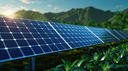 Solar panel installed on green grass in a sunny outdoor environment with clear blue sky