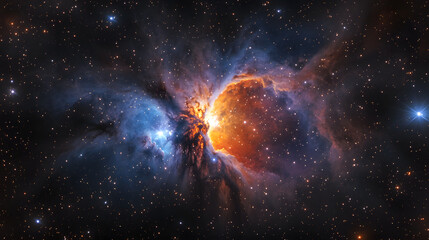 Obraz premium A long orange and blue cloud in space. The orange and blue colors are very bright and the cloud is very long