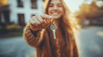 Woman Holding House Keys, New Home Ownership