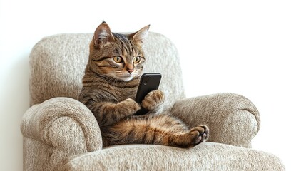 Playful and Funny Tabby Cat on Armchair Holding a Phone &ndash; Isolated on Clean White Background