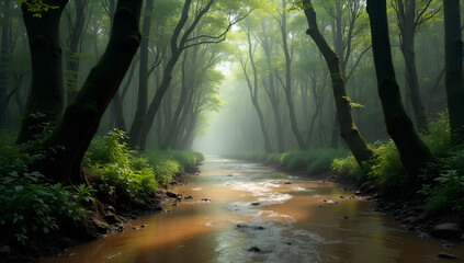 Fototapeta premium Ethereal Decay: Misty Forest with Twisting Rivers