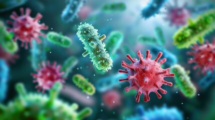 A vibrant microscopic view of various bacteria and viruses, showcasing their diverse shapes and colors in a visually striking manner.