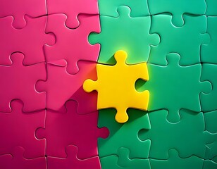 Obraz premium A yellow puzzle piece is centrally located within a colored jigsaw puzzle.