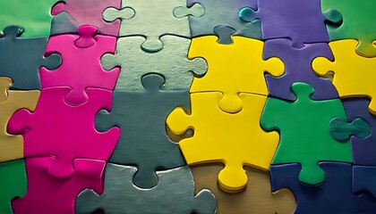 Fototapeta premium Colorful puzzle pieces of pink, yellow, green and grey create a vibrant image.