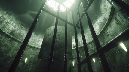 Mysterious Green Industrial Interior with Metal Cage.