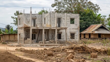 Unfinished Concrete House Under Construction in Developing Country.